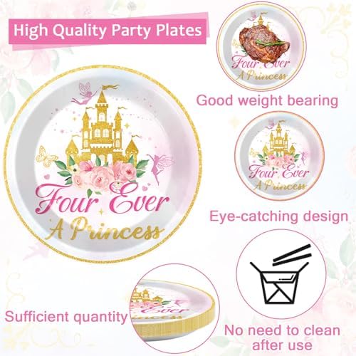 96Pcs Four Ever a Princess Plates and Napkins Girl 4th Birthday Party Decorations Royal Pastel Castle Dessert Disposable Plates Pink & Gold Tableware Set for 24 Guests Floral Fairytale Party Supplies - Image 3