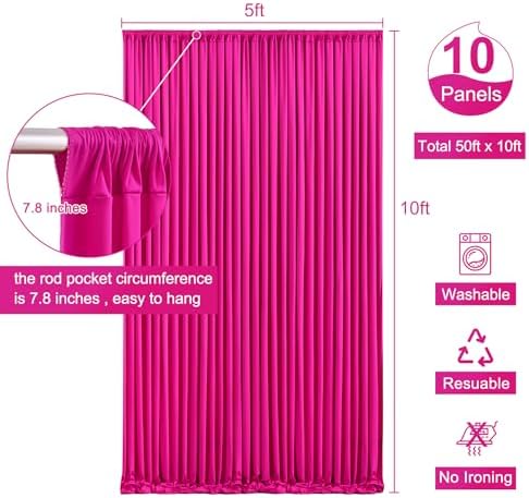10 Panels Fuchsia Backdrop Curtain for Parties Birthday Party Wrinkle Free Hot Pink Photo Curtains Backdrop Drapes Fabric Decoration for Wedding 50ft(W) x 10ft(H) - Image 5