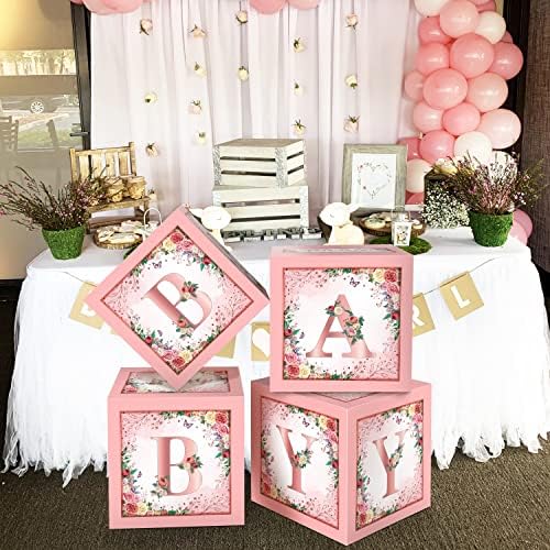 Floral Pink Baby Shower Boxes, 4 Pcs Baby Blocks with Letters - Image 7