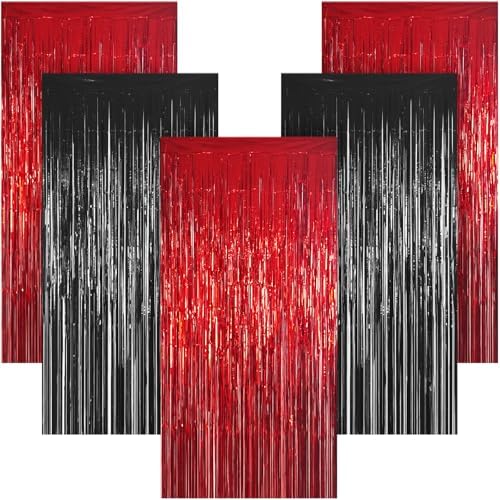5 Pack 3.28ft x 6.56ft Red&Black Tinsel Foil Fringe Curtains, Photo Booth Backdrop Party Decorations for Birthday Wedding Baby Shower Graduation Bachelorette New Years by Unknown