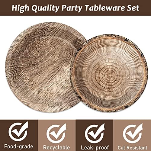 Wiooffen 96 Pcs Camping Wooden Tree Party Supplies Tableware Set Lumberjack Party Decorations Camp Hunting Themed Table Supplies Rustic Paper Plates Napkins Forks for 24 Guests - Image 3