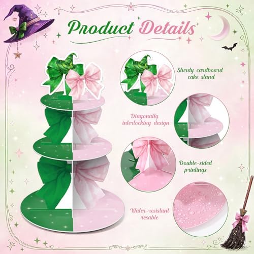 3 Tier Pink and Green Witch Cupcake Stand Witch Party Decoration Elegant Witches Cupcake Tower Pink and Green Cake Holder Table Display for Birthday Party Supplies - Image 3