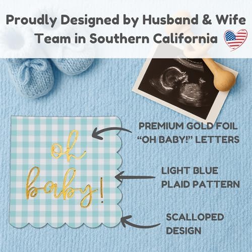 Cloverjoyed 'Oh Baby' Blue Baby Shower Decorations for Boys or Girls, Plaid Oh Baby Napkins, Gingham Scalloped It's a Boy Decor, 1st Birthday, Welcome Home, Sprinkles, Neutral Gender Reveal, 50 Pack - Image 6
