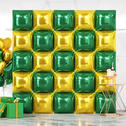 NISOCY 25PCS Metallic Gold and Green Square Foil Balloon Wall Backdrop by NISOCY