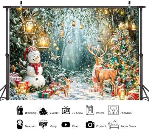 Winter Wonderland Backdrop Christmas Forest Scene Snowy Tree Snowman Deer Photography Background Xmas Holiday New Year Family Party Decorations Banner Photo Booth Studio Props 15X10FT - Image 6