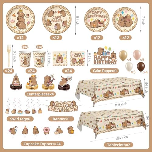 Kinovo 176 Pcs Capybara Birthday Decorations (Serves 24), Capybara Party Decorations Include Banner Hanging Plates Napkins Cups Forks Tablecloth Topper Balloons for Party - Image 6