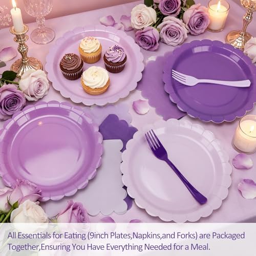 Purple Paper Plates and Napkins,Serves 24 Include Gradient 9 Inch Plates,Napkins,Forks Disposable Party Supplies for Birthday, Wedding, Anniversaries, - Image 2