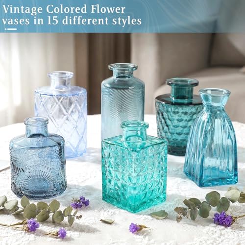 Set of 15 Blue Glass Bud Vases Small Textured Flower Vases - Image 2