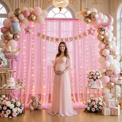 10ft x 12ft Pink Tulle Photo Backdrop Curtain with Lights String for Parties Wedding Sheer Baby Pink Curtain Backdrop for Baby Shower Girls Birthday Party Gender Reveal Photo Background Decorations by Suppromo