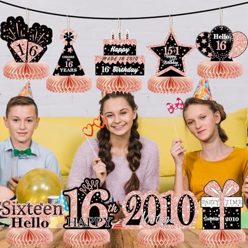 9Pcs Rose Gold Sweet 16 Birthday Decorations Honeycomb Centerpieces for Girls,Pink Happy 16th Birthday Centerpieces Tables Toppers Party Decorations Supplies 16th Table Sign Decor - Image 6