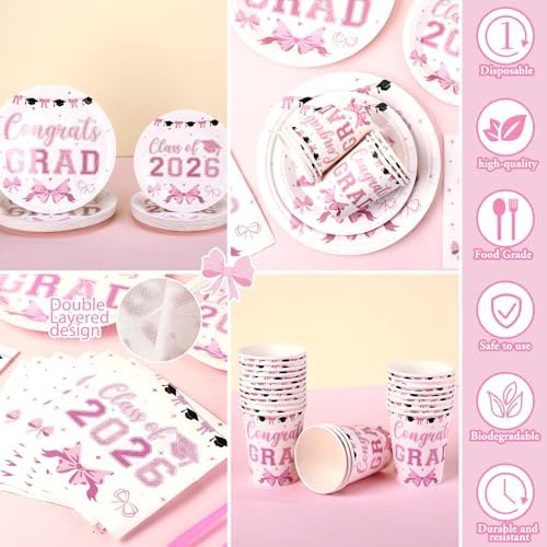 168 Pink Graduation Decor Pink Bow Class of 2026 Party Supplies - Image 3