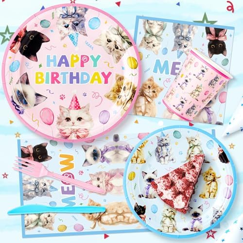 144PCS Cats Birthday Party Plates Set, Blue Pink Birthday Party Supplies - Image 5