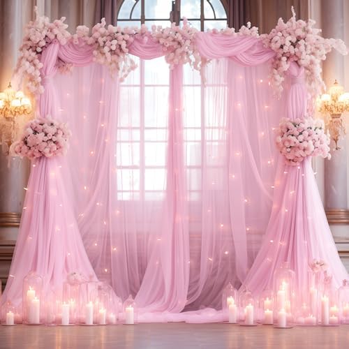 10x10ft Baby Pink Tulle Backdrop Curtain with Lights String for Parites, Sheer Photo Backdrop Curtains with Lights for Wedding Backdrop Ceremony Reception Bridal Shower Baby Shower Birthday Party - Image 7