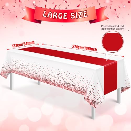 MASHAN 6Pcs White and Red Tablecloth Party Decorations,Plastic Black Table Cloth Printed Red Table Runner Disposable Rectangle Cover for Birthday Weeding Anniversary Graduation Party,54 x108 Inch - Image 2