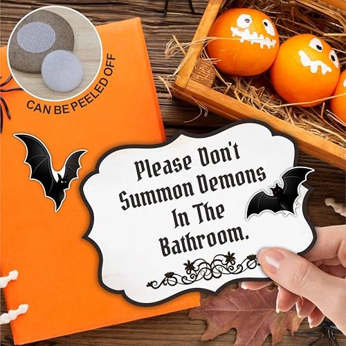 Halloween Wooden Decoration-Please Don't Summon Demons In The Bathroom Wooden Sign With 2 DIY Stickable Wood Decor & A Metal Support- Home Decoration-Halloween Bat Welcome Decor Plaque-A08 - Image 4