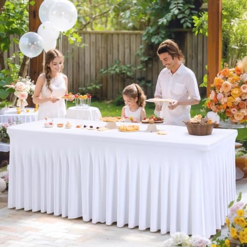 Shillance 2 Packs White Spandex Table Covers 8 Foot, Fitted Stretch Table Cloth with Skirts 96x30 Inch, Wrinkle-Free Floor Length Rectangle Tablecloths for Weddings Parties Banquets Events - Image 5