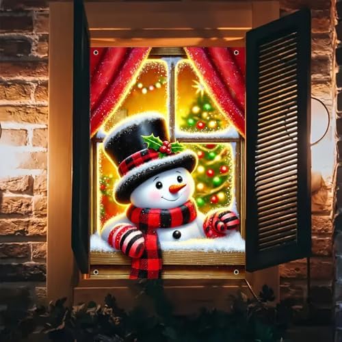 BlissYard Snowman Red Plaid Scarf Christmas Banner 31x47 Fabric by BlissYard