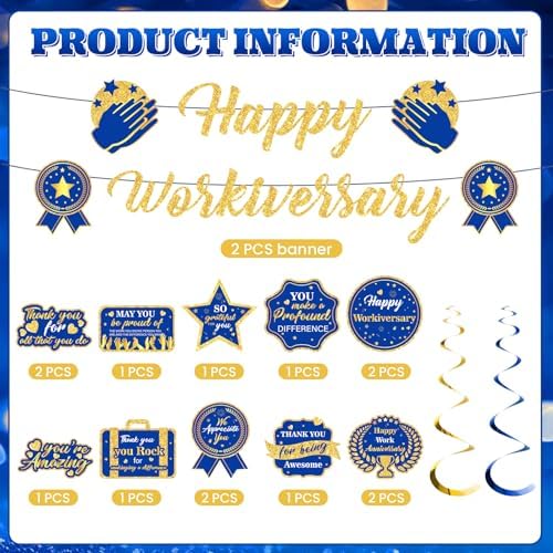 Blue Happy Work Anniversary Decorations Banner Navy Blue Gold Glitter Happy Workiversary Banner Office Anniversary Party Hanging Swirls Banner for Employee Worker Office Party Decor Supplies - Image 7