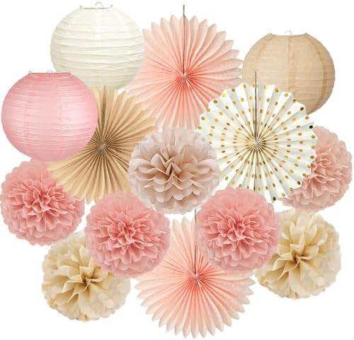 ADLKGG 14 Pcs Champagne Pink & Brown Party Decorations, Boho Paper Lanterns by ADLKGG