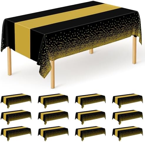 QZYL 12Pack Plastic Table Cloth Disposable, 54" x 108" Waterproof Black Table Cloths with Gold Dots, Outdoor Tablecloth for Rectangle, Table Cloth Cover for New Years Eve Decorations Holiday Birthday by QZYL