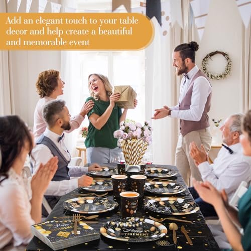 Funnymoom 452 Pcs Happy Retirement Party Decorations Men for 50 Guests, Black Gold Retirement Paper Plates and Napkins Cups Tablecloth Cutlery Straws Disposable Tableware Party Supplies for Men Women - Image 6