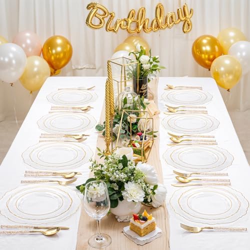 Liacere 150PCS Clear Gold Plastic Plates - Disposable Plastic Silverware with Glitter Bamboo Handle Cutlery-Baroque Clear Gold Disposable Plates for Wedding & Party & Thanksgiving & Fall Party - Image 4