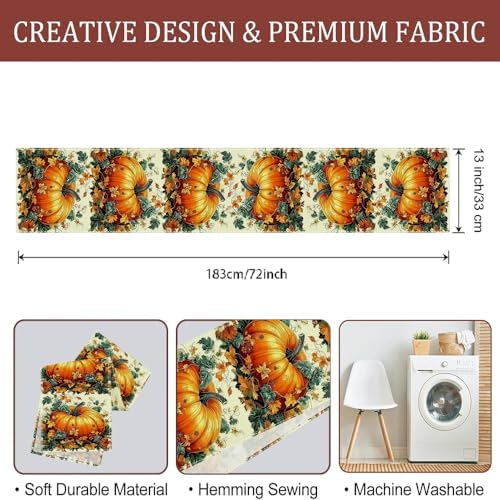 13x72 Inch Fall Table Runner - Orange Polka Dot Pumpkin Eucalyptus Wood Design, Festive Autumn Home Party Kitchen Decor - Image 7