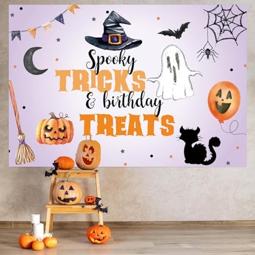 Spooky Halloween Backdrop Tricks and Birthday Treats Watercolor Ghost Pumpkin Witch Hat Background Kids Halloween Theme Birthday Party Decorations Cake Table Banner Photo Booth Props 5x3ft - Image 3