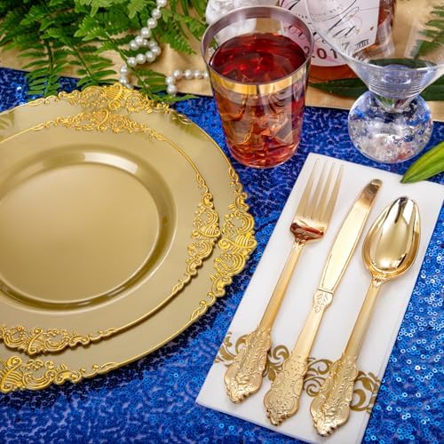 Morejoy 175PCS Solid Gold Plastic Plates with Gold Rim,Dinnerware plate Set - Image 2