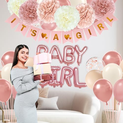 Vicduotex Pink Baby Shower Decorations with Ivory Paper Pom Poms - Image 5
