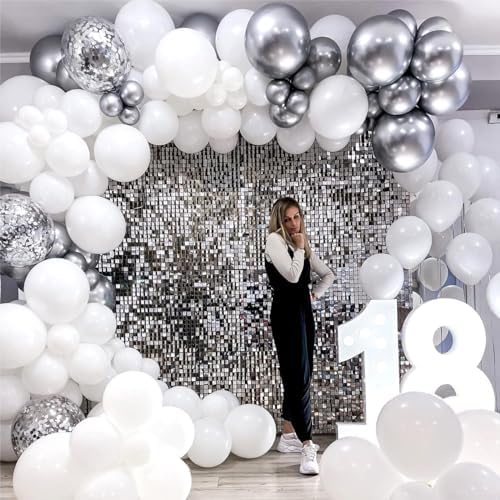 Silver and White Balloons, 12 Inch Metallic Silver White Latex Balloons Set Decor with Silver Confetti Helium Balloons for Boys Girls Birthday Party Baby Shower Wedding Graduation Party Decorations - Image 5