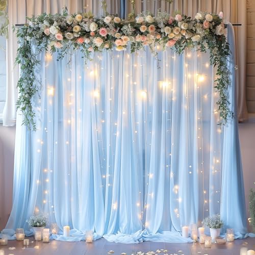 20ft x 10ft Blue Backdrop Curtain with Lights String for Parties, Sheer Tulle Wedding Photo Backdrops Drapes for Baby Shower Birthday Party Decorations Background for Photography - Image 7