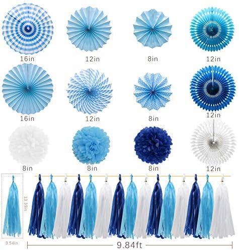 34 Pcs Blue Party Decorations, Paper Fans Pom Poms Tassel Garland 8-16 in - Image 2