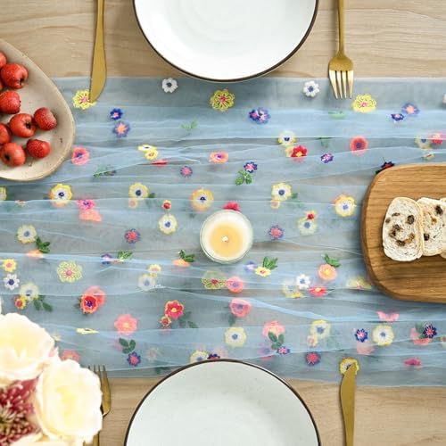 Artoid Mode Blue Embroidery Daisy Gauze Table Runner 120 Inch 10FT - Image 2