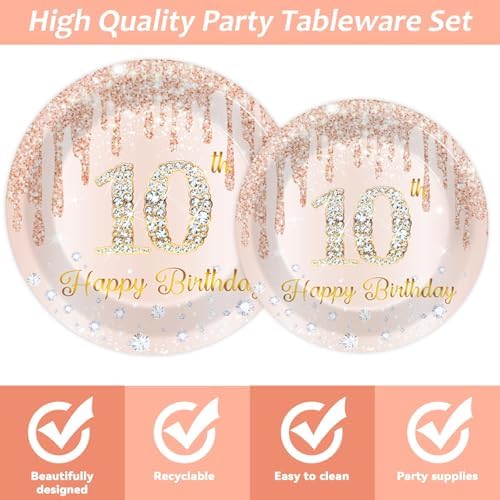 96 Pcs 10th Birthday Decoration for Girls Rose Gold 10th Birthday Plates and Napkins Party Supplies Rose Gold Pink Happy 10 Years Party Disposable Tableware Set for 24 Guests Party Decoration - Image 3