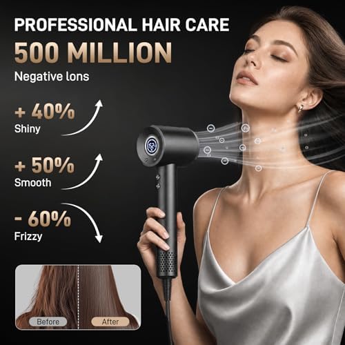 Hair Dryer, 180,000 RPM High-Speed Ionic Blow Dryer with Brushless Motor, 500 Million Negative Ions, LED Display, Low-Noise Professional Hairdryer for Fast Drying, Magnetic Diffuser for Home & Travel - Image 3