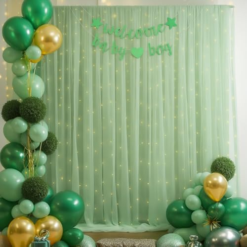20x10ft Green Tulle Backdrop Curtain with Lights String for Parites, Sheer Photo Backdrop Curtains with Lights for Wedding Backdrop Ceremony Reception Bridal Shower Baby Shower Birthday Party - Image 3