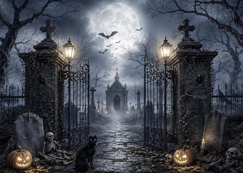 9 x 6 ft Halloween Backdrop Spooky Cemetery Castle Full Moon Pumpkin Black Cat Skeleton Photography Background, Horror Fall Party Decor Photo Booth Props, Kids Birthday Studio Wall Decor Banner by Etsyoki