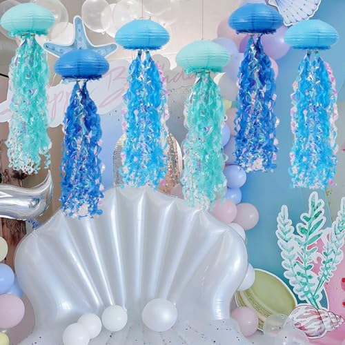 Jellyfish Paper Lanterns Mermaid Birthday Decorations Pack of 6 - Image 6