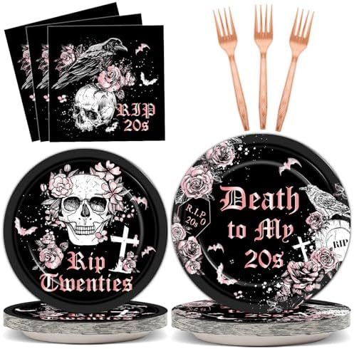 Qyeahkj 100 Pcs 30th Birthday Party Supplies Death to My 20s Paper Plates and Napkins Set Disposable Black Rose Gold Rip to My 20s Tableware Decorations for Women Funeral Youth Party Serve 25 Guests by Qyeahkj