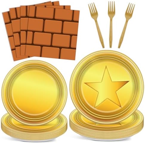 96Pcs Super Cartoon Brother Paper Plates and Napkins Video Game Theme Birthday Party Supplies Super Theme Brother Disposable Tableware Set for Gaming Birthday Baby Shower Party Decoration Serve 24 by partygreeting