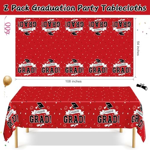 2 PCS Graduation Tablecloth, 108" X 54" Red Graduation Table Decorations 2026, Disposable Plastic Tablecover for Grad Decor Party Supplies, Rectangle Table Cover for Class 2026 Congrats Grad for Kids - Image 2