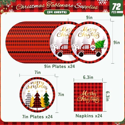 72PCS Christmas Plates and Napkins for Party Decorations, Set of 24 Merry Christmas Disposable Tableware Supplies, Gnome Red Plaid Paper Plates for Christmas in July Party - Image 2