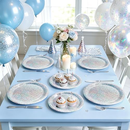 Silver Iridescent Party Plates and Napkins, 75 Pcs Party Decorations Set - Image 6