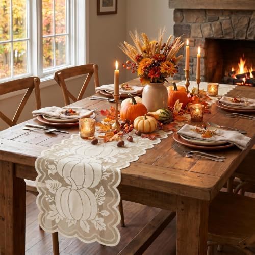 Artoid Mode Beige Lace Jacquard Pumpkin Leaf Fall Table Runner 13x72 Inch - Image 5