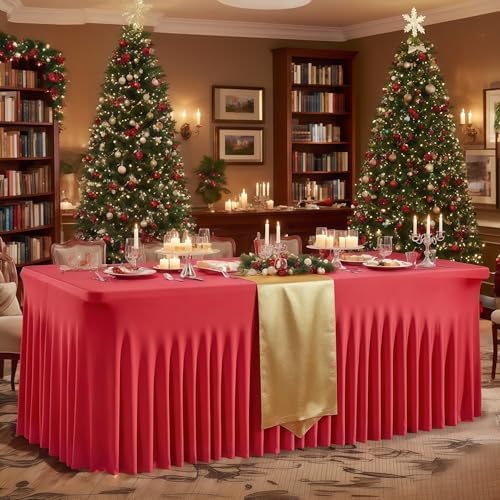 Wish Care 6 Pack Red Spandex Table Clothes for 6 Foot Rectangle Tables, 6FT Wrinkle Free Fitted Tablecloths Ruffles Design Table Cover for Party, Banquet, Wedding and Events - Image 3
