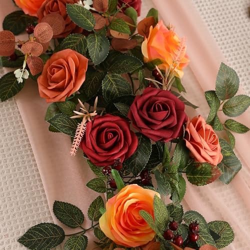 2Pcs Garisey 5FT Terracotta Artificial Flower Garland Fall Floral Garland Burnt Orange Arch Rose Vine for Wedding Ceremony Party Backdrop Decor Arch Flowers Mantel Table Centerpieces Decorations - Image 5