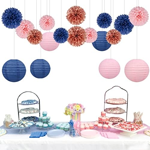 Rose-Gold Navy-Blue Pink Party Decorations - 18pcs Gender Reveal Decor,Tissue Pom Poms Event Supplies,Paper Flowers,Paper Lanterns,Baby Shower decoration,Birthday,Engagement,Bachelorette,Wedding - Image 5