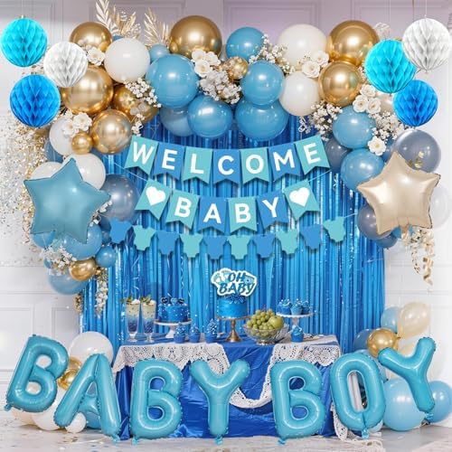 Blue Baby Shower Decorations- Girls Shower Decor Set With- Welcome Baby Banner, Clothes Banner, Fringe Curtains, Cake Topper, Honeycomb Ball, Dusty Blue Latex Balloon and Aluminum Foil Balloons (Boy) by Unknown