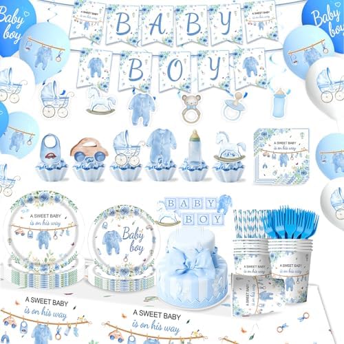 220 Pcs Blue Baby Shower Decorations 25 Guest All-in-One Party Supplies Kit with Disposable Tableware, Balloons, Hanging Swirl, Banner, Cake Toppper, Tablecloth for Baby Shower Decor by TOTOMA